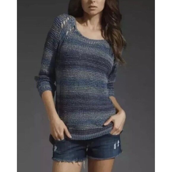 Free People Sweater Womens Small Blue Loose Knit Artsy Crochet Coastal Beachy - Picture 2 of 13